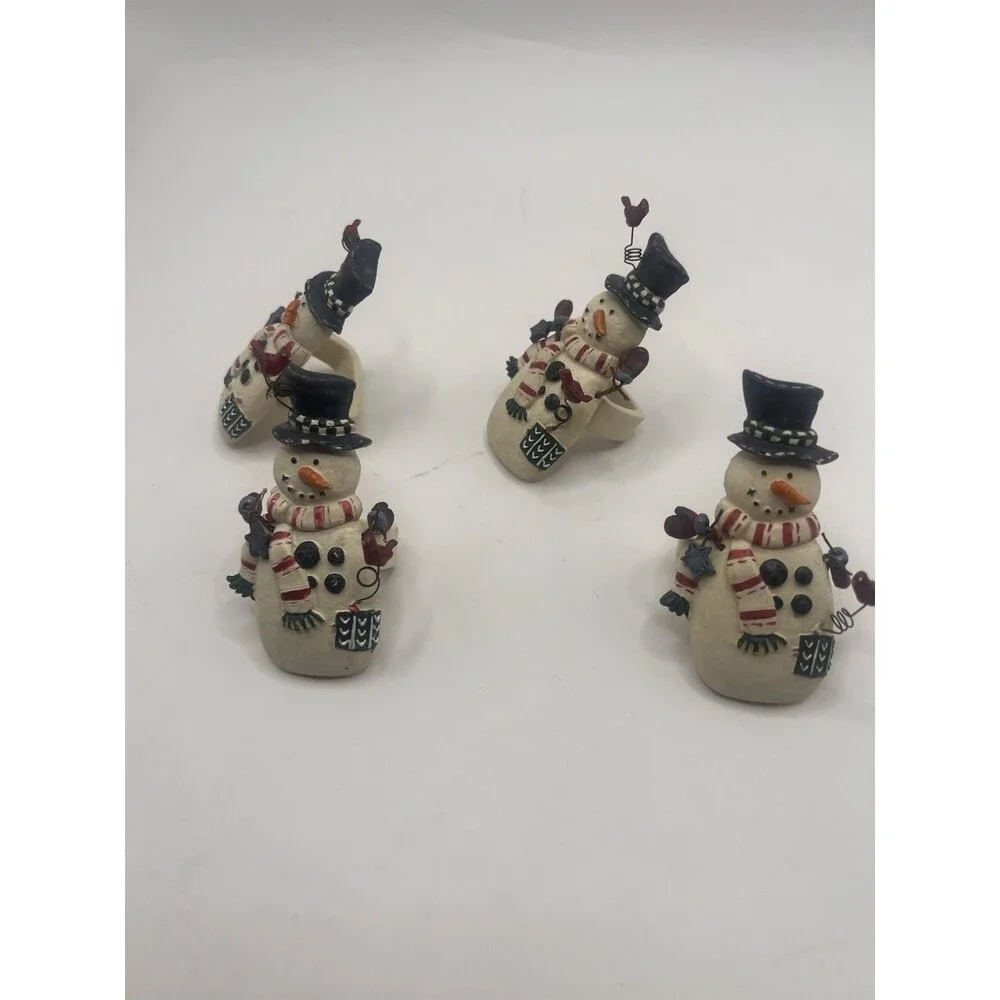 Set of 4 Snowman Christmas Napkin Rings Holders Birds Rustic Holiday Table Decor